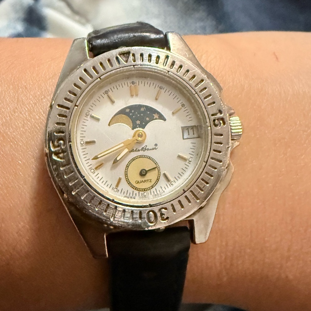 Vintage Classic Eddie Bauer Moon Phase Watch Leather Strap New battery